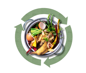 kitchen-food-waste-collected-recycling-compost-pot-peeled-vegetables-chopping-board-white-compost-bin-blue-background